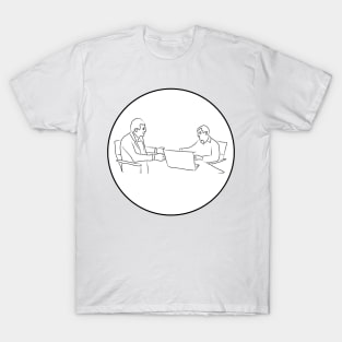 Business negotiations. Business partners. The conversation of men at the table. Interesting design, modern, interesting drawing. Hobby and interest. Concept and idea. T-Shirt